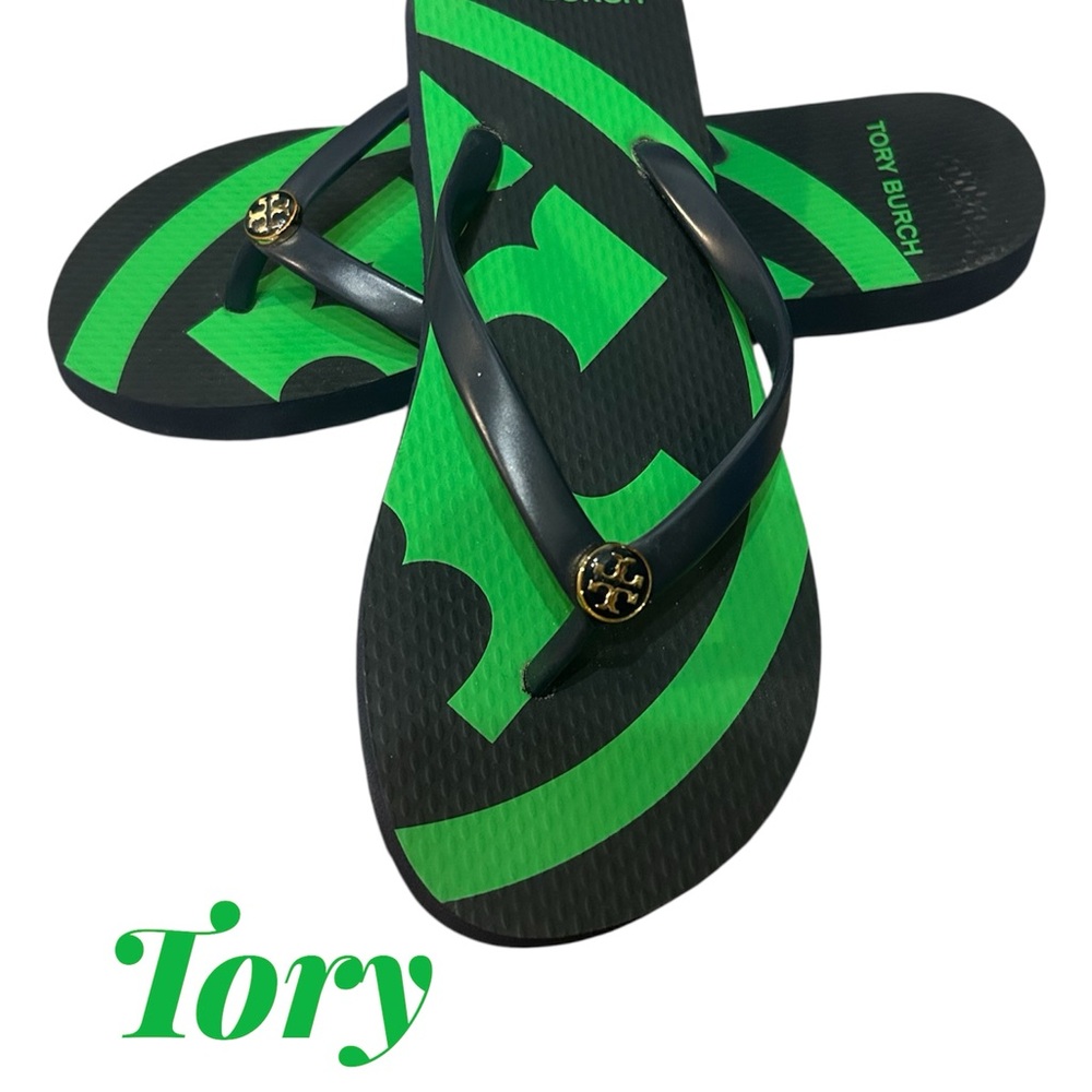 Tory Burch Black and Green Flip Flops